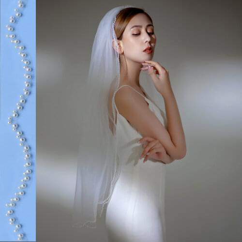 TOPQUEEN V35 Bridal Veil with Pearls Edge Womens Short Veil with Comb Single Tier Pearl Edge Bridal Veil for the Church Veu