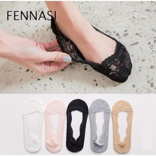 FENNASI Sock Slipper Women 3 Pairs Lace Solid Ice Skill Style Breathable Invisible Non-Slip Socks