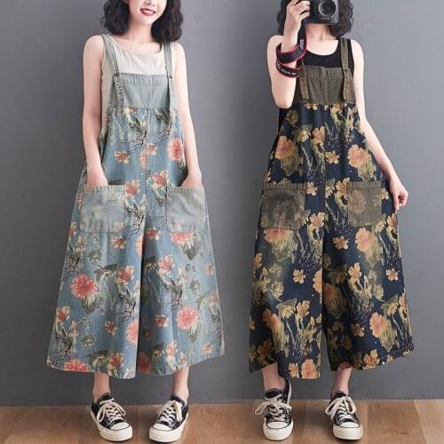 2021 Summer Stitch Floral Jumpsuits Women Wide Leg Pants Suspenders Strap Pockets Denim Overalls Rompers Washed Jeans Playsuits
