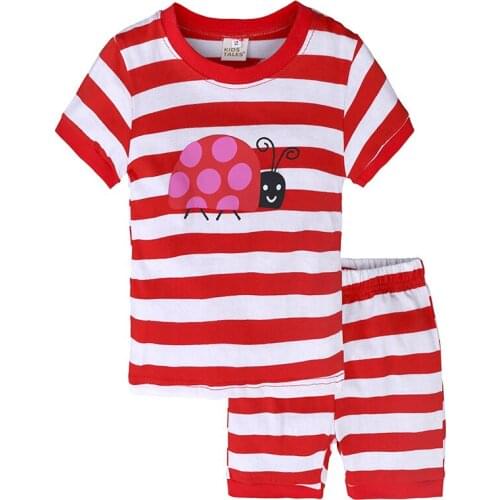 New Ladybug baby boy suit for girls, summer short-sleeved boy suit striped baby girl T-shirt + pair of shorts, 2-7 years old