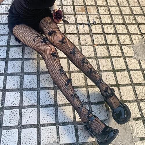 Summer New Japanese Black Sexy Bowknot Pantyhose Women Thin Fishnet Socks Hollow out Bottoming Beautiful Legs Stockings Cosplay