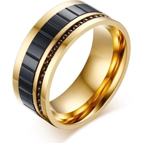 Men's Ring Gold Color 10MM Wide Fashion Stainless Steel Man Jewelry Beaded Insert Lucky Gift