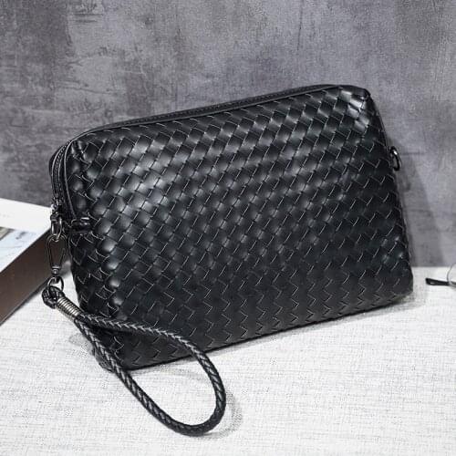 Soft Leather Weaving Men Day Clutch Bag Large Capacity Zipper Storage Bag Luxury Design Knit Handbag Business Male Wristlets