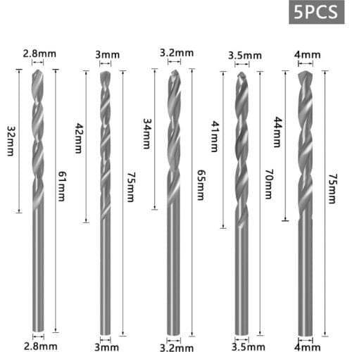 5pcs HSS Drill Bit Set 2.8mm, 3mm, 3.2mm, 3.5mm, 4mm Drill Bit Twist Drill