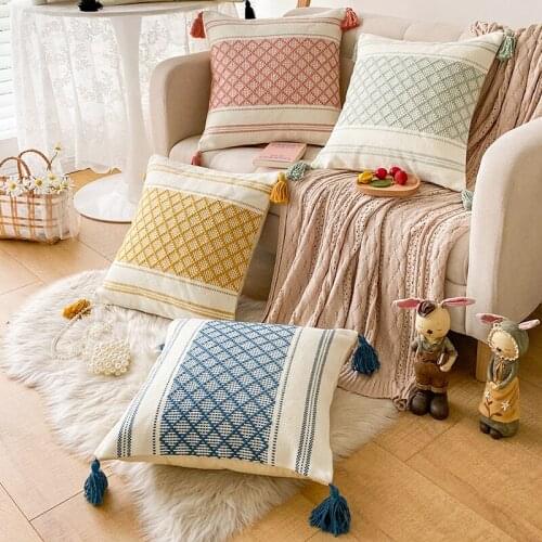 Black Blue Cushion Cover Throw Pillow Cover Diamond Jacquard Boho Style Tassels for Living Room Bed Room 45x45cm