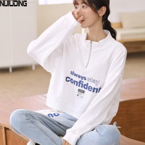 NIJIUIDNG Autumn Short Women Sweater Letter Casual Cotton Long Sleeve Half Turtleneck Pullovers Loose Zipper Sweatshirts Ladies