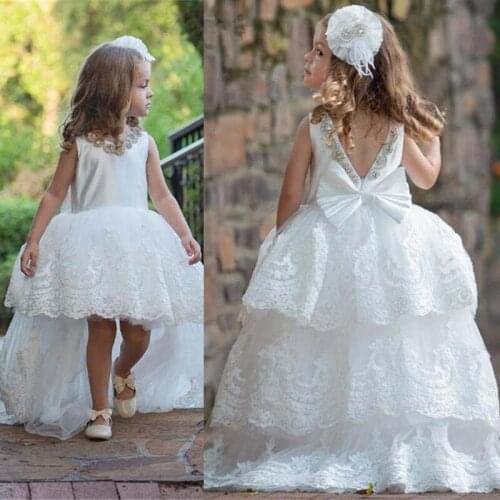 High Low Flower Girl Dresses Crystals Rhinestones V-neck with Lace Long Train for Kids Birthday Party Gowns