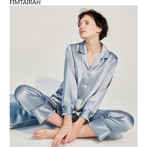 Gift 19MM Women Silk Sleepwear Suit Set Long-sleeved Two-piece Set Blue 100% Mulberry Silk Pajamas