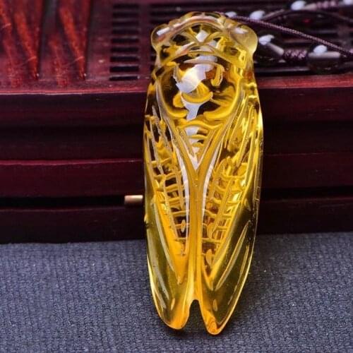 Yellow Natural Crystal Pendants Carved Cicada Sweater Chain Necklace for Women Men Friend Insect Fashion Jewelry JoursNeige