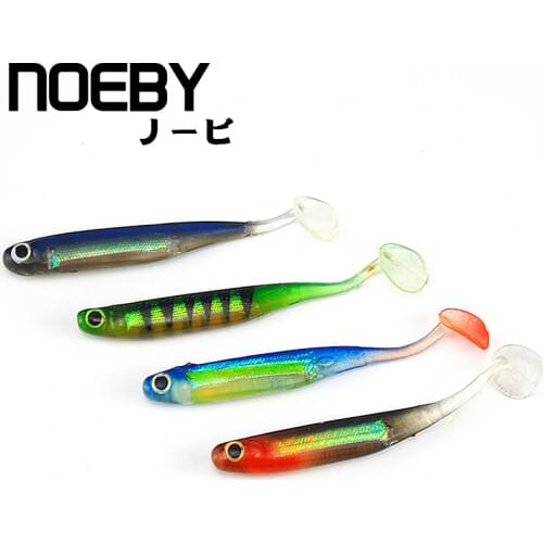 NOEBY W8024 Fishing Lure Soft Silicone T Tail Inner Laser for Perch Sea Bass Pike 75mm 2.5g 5pcs /115mm5.4g 4pcs