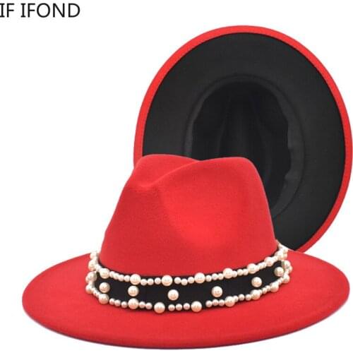 Simple Outer Red Inner Black Patchwork Wool Felt Fedora Hats with Pearl decoration Belt Buckle Wide Brim Trilby Cap Wedding Hat
