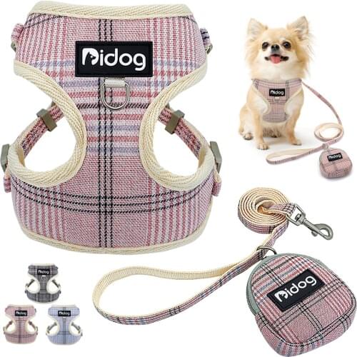 Mesh Nylon Dog Harness and Leash With Snack Bag Plaid Dogs Cat Vest Harness Pet Walking Lead Leashes Belt For Small Dogs Cats