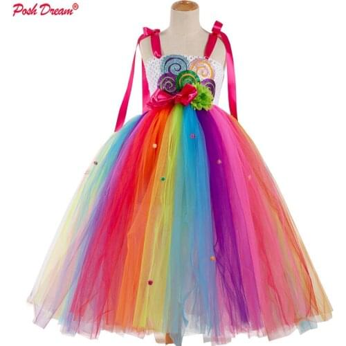POSH DREAM Rainbow Sequins Tutu Dress for Kids Fashion Sleeveless Tulle Dress Girls Clothes Colorful Children Girl Party Clothes