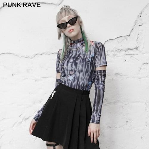 PUNK RAVE Womens Elastic Digital Print Removable Sleeves Mesh Top Gothic Simple Hot Atmosphere High Neck Daily T-shirt