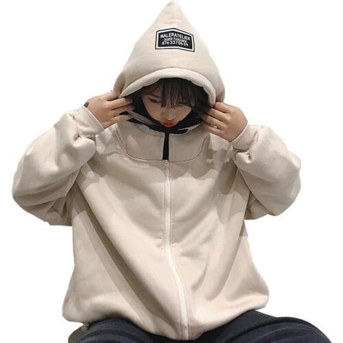 Autumn And Winter 2020 New Plus Velvet Thickened Mid-length Female Hoodie Zipper Letter Printing Loose Bat Sleeve Women Coat