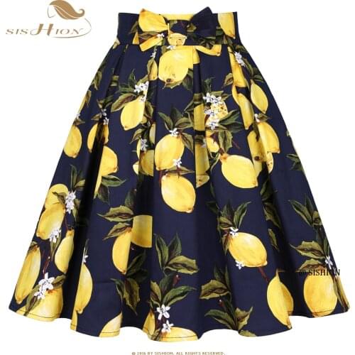 SISHION 50s 60s Blue Lemon Vintage Skirt Cotton SS0012 High Waist Plus Size Pockets Women Skirts Jurke