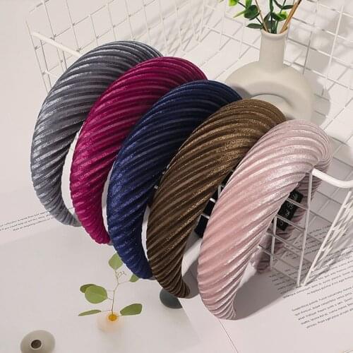 Women Wrinkled Striped Velvet Hair Hoop Thicken Padded Hairbands Solid Color Wide Head Hoop Lady Sponge Headband Headdress