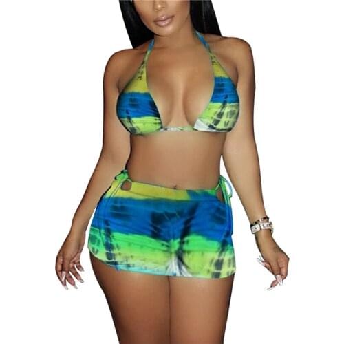 2021 Women Two-piece Swimming Clothes Set Tie-dyed Printed Pattern Halter Neck Tops and Skirt Womens Swimming Costume Biquini