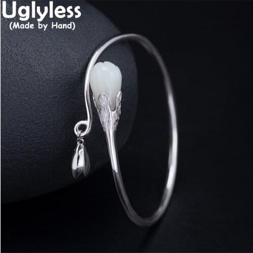 Uglyless Elegant Magnolia Jewelry Sets for Women Natural Jade Earrings Necklaces Bangles Real 925 Silver Fashion Floral Bijoux