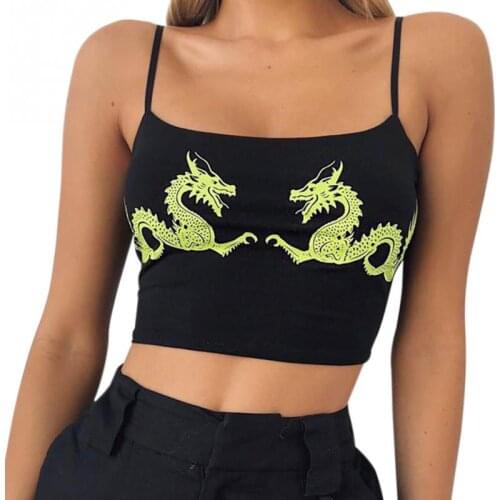 Women Casual Dragon Pattern Crop Tops Summer Cropped Sexy Tight Attractive Fitness Polyester U Neck Fashion Sleeveless Straps