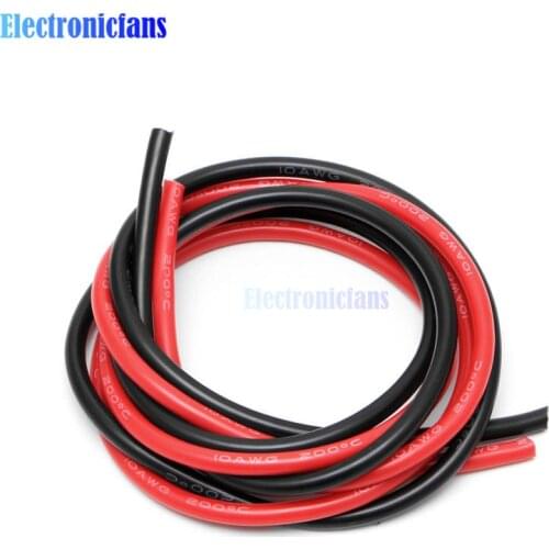 1set 10 AWG Gauge Wire Silicone Flexible Copper Stranded Cables For RC Black 1M + Red 1M = 2M