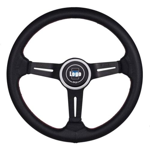 350mm ND Black Leather Red Stitches Dished Sport Racing Steering Wheel w/ Horn