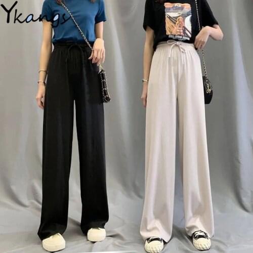 Korean Style Elastic High Waist Wide Leg Pants Women Solid Summer Elegant Trousers Plus Size Sport Street Straight Casual Pants