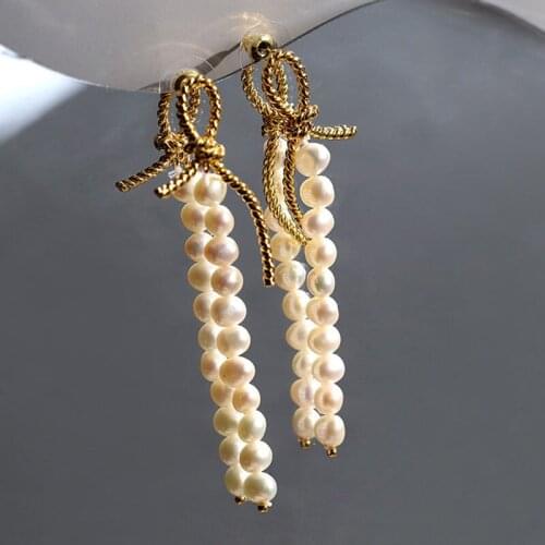 Women nutural freshwater pearl earrings with gold plated bowknot jewelry for gift