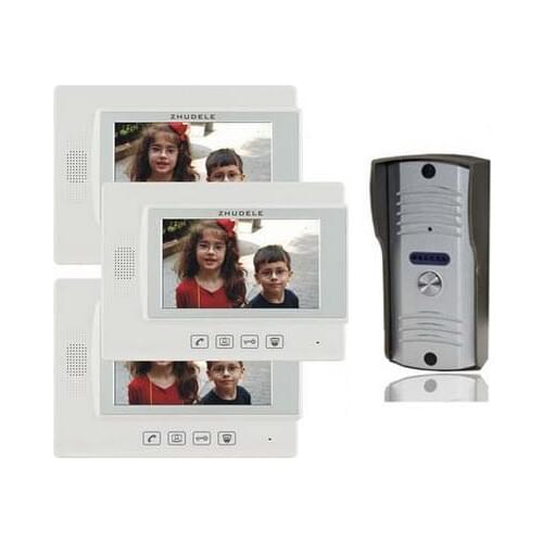 ZHUDELE Home Security Intercom System Doorbell 7" Video Door Phone+700TVL Smart IR Camera w/t Waterproof cover 1camera+3monitor