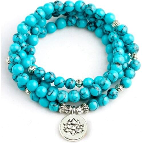 6MM Blue Howlite Jewelry Yoga Mala Bracelet Stone Healing Protection Elastic Beaded Bracelet Women Men Meditation Jewelry