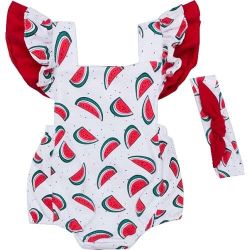 Adorable Babys Sets Infant Girls Watermelon Rompers+Headband 2pcs Set Summer Clothes Backless Sunsuit Sleeveless Jumpsuit