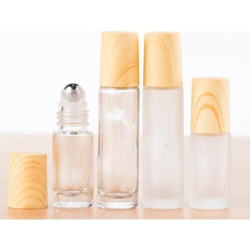 Frosted Clear Glass Roller Bottles Containers with Metal Roller Ball and Wood Grain Plastic Cap for Essential Oil Perfume SN1630