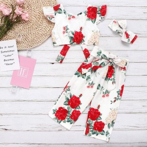 Childrens clothing new girls children three-piece rose flower printed shirt vest bow knot belt trousers headband