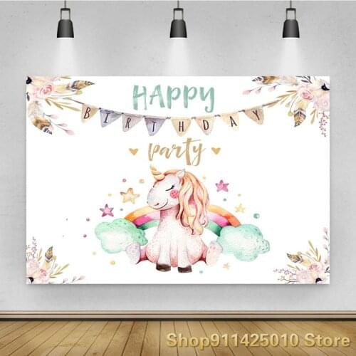 Cute Happy Unicorn Flower Background Girl Birthday Party Decoration Photography Studio Photo Children Room Ornament Backdrop