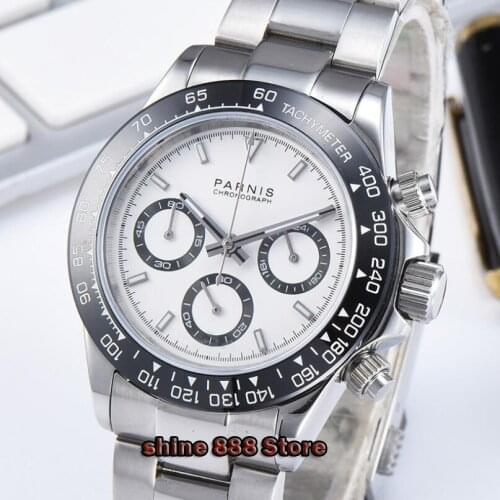 39mm PARNIS white dial sapphire crystal solid full Chronograph quartz mens watch