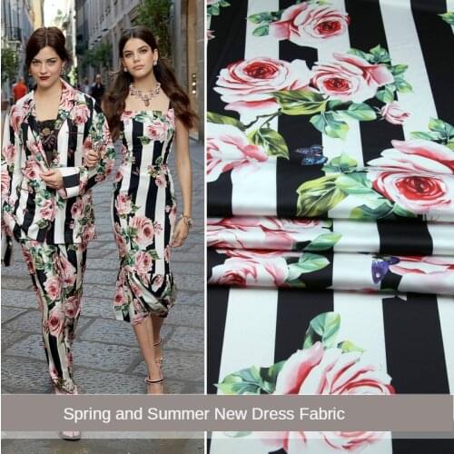 New spring and summer black and white striped rose butterfly print fabric handmade strap dress cheongsam pajamas cloth