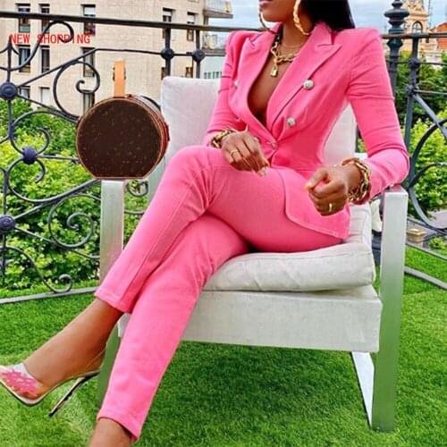 Autumn Winter Streetwear Womens Set Pink Long Sleeve Blazer Pants Suit Office Lady Tracksuit Two Piece Set Sexy Vintage Outfits