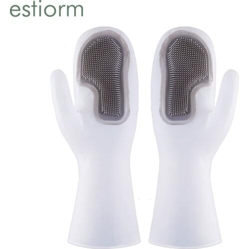 Reusable Silicone Dishwashing Gloves, Scrubbing Gloves for Dishes,fruit & vegetable washing - Kitchen Long Cuff Cleaning gloves