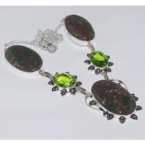 Bloodstone & Peridots Necklace Silver Overlay over Copper ,48.7cm, N1236