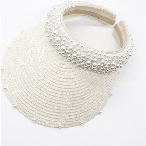 Summer Pearl Hats Outdoor Sun Protective Ponytail Straw Hat Transparent Visor Cap Panama Natural Bucket Summer Women Hat #T1P