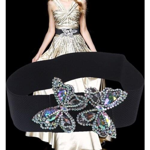 Rhinestone Butterfly Women Belts Wasit Band High Elastic Waistband Caestus Corset Cute Girls Crystal Dress Belt Cummerbund New