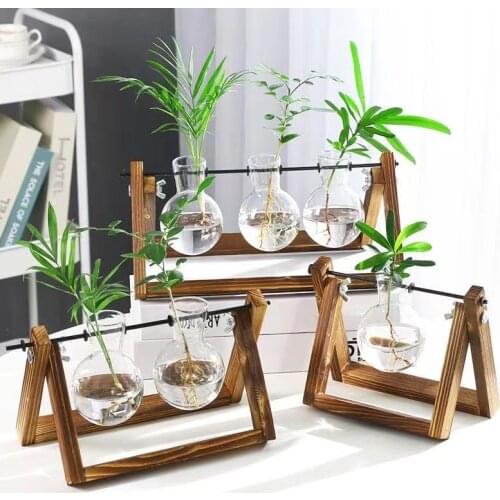 Round&Heart Terrarium Creative Hydroponic Glass Vases Wooden Frame Transparent Flower Pot Plant Glass Vase Bonsai Home Decor