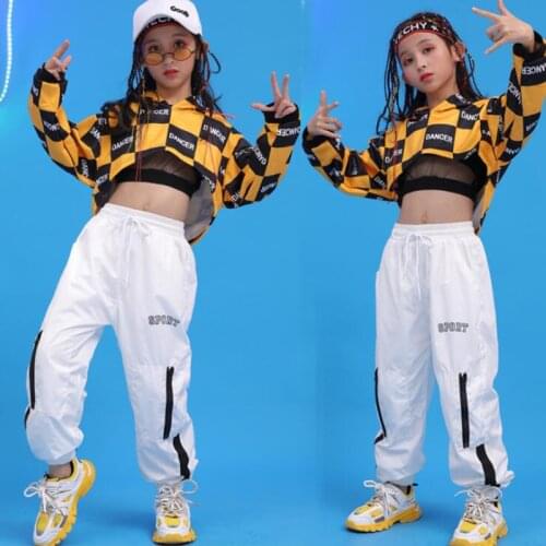 Kids Ballroom Hip Hop Dancing Clothing Hoodie Sweatshirt Crop Tops White Pants Girls Jazz Dance Costumes Performance Clothes