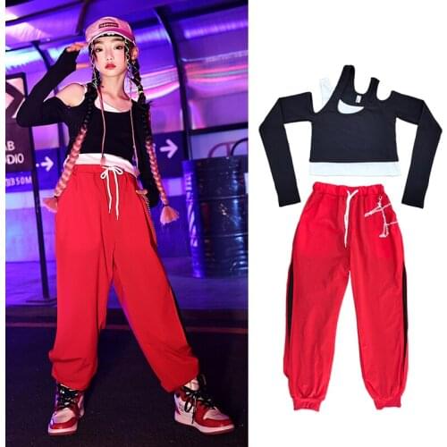 Off-Shoulder Hip Hop Dancing Tops Girls Jazz Performance Clothing Suit Loose Sweatpants Street Dance Costume Outfit VDB3615