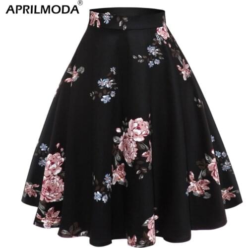 A Line Midi Floral Retro Skirt High Waist Cotton Vintage Women School Flower Print Elegant Pleated 50S Swing Skater