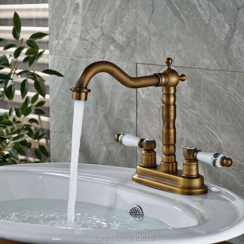 Uythner Newly Deck Mount Bathroom Sink Faucet Dual Ceramic Handles Antique Brass Basin Faucet Mixer Tap