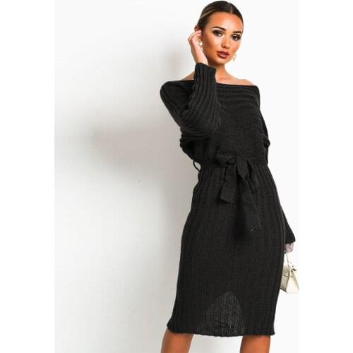 New Spring Slimming Office Chic Elegant Knitting Sweater Waist Belt One Shoulder Full Sleeve Bodycon Sexy Sweater Dress