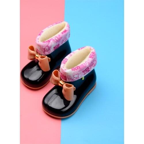Waterproof Child Rubber Boots Jelly Soft Infant Shoe winter warm Baby Kids fur Rain Boot With Bow Girls Children Rain Shoes warm