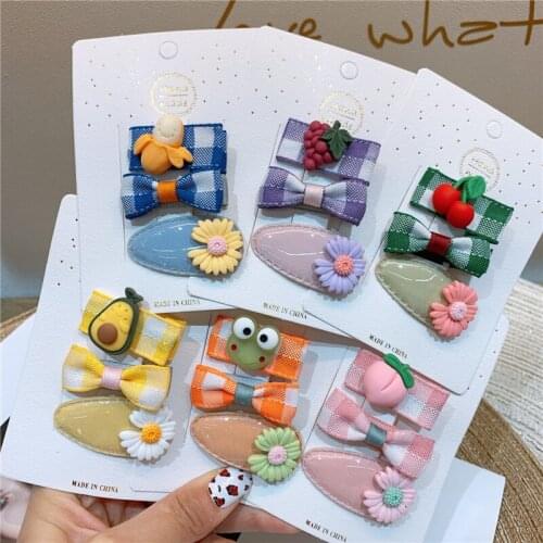 3 Pcs Children Simple Cute Animal Fruit Daisy Plaid Fabric Bow Duckbill Clip Fashion Sweet Girl Baby Flower Hair Accessories