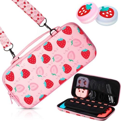 Strawberry Print Protective Carry Case Portable Travel Hard Case with 2 Pieces Thumb Grip Caps Shell Pouch For Nintendo Switch